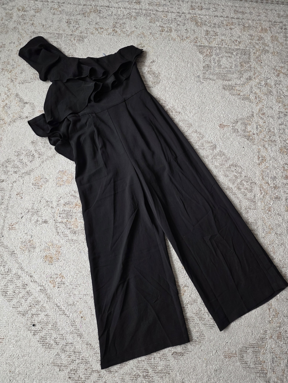 Black One-Shoulder Ruffle Wide-Leg Jumpsuit